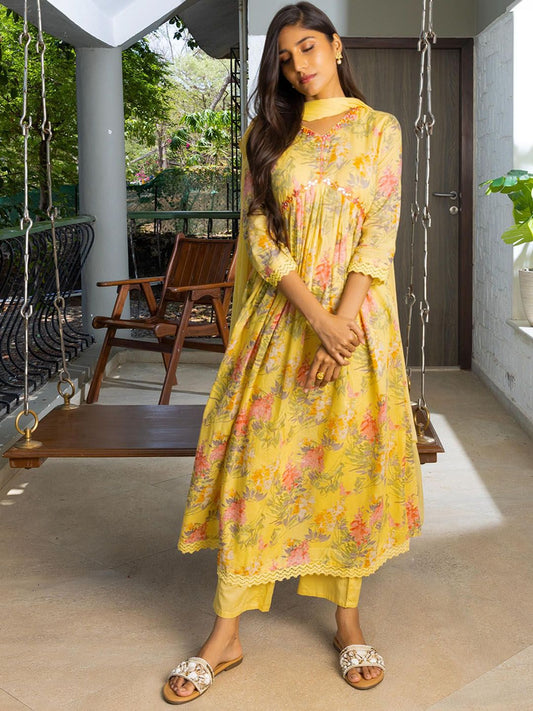 Dhiyona SN Women's Yellow Floral Printed Empire Pure Cotton Anarkali Kurta With Trousers & Dupatta