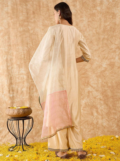 Yoke Design Straight Thread Work Liva Kurta with Palazzos & Dupatta