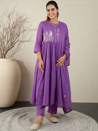 Floral Embroidered Anarkali Thread Work Pure Cotton Kurta With Trousers & Dupatta