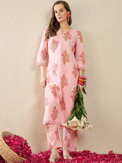 Dhiyona IE Printed Round Neck Three-Quarter Sleeves Pure Cotton Top With Trousers