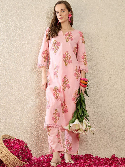 Dhiyona IE Printed Round Neck Three-Quarter Sleeves Pure Cotton Top With Trousers