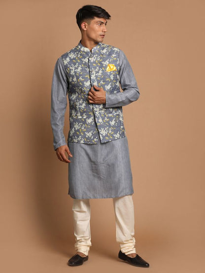 Men's Grey Cotton Blend Straight Nehru Jacket