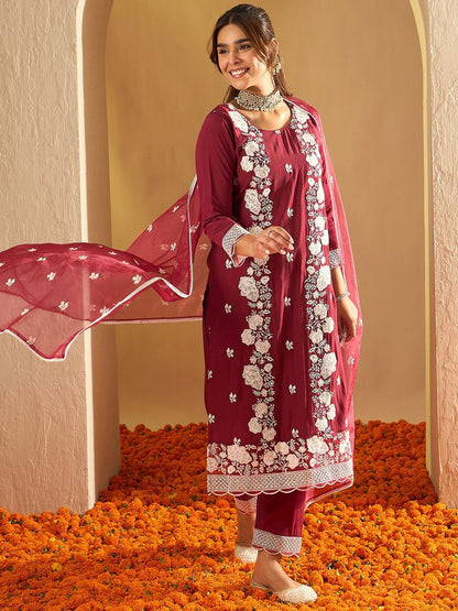 Floral Embroidered Straight Thread Work Kurta with Trousers & Dupatta