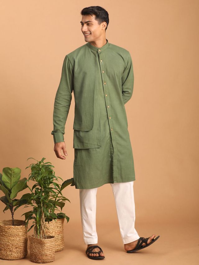 Men's Green Cotton Straight Kurta Pyjama Set