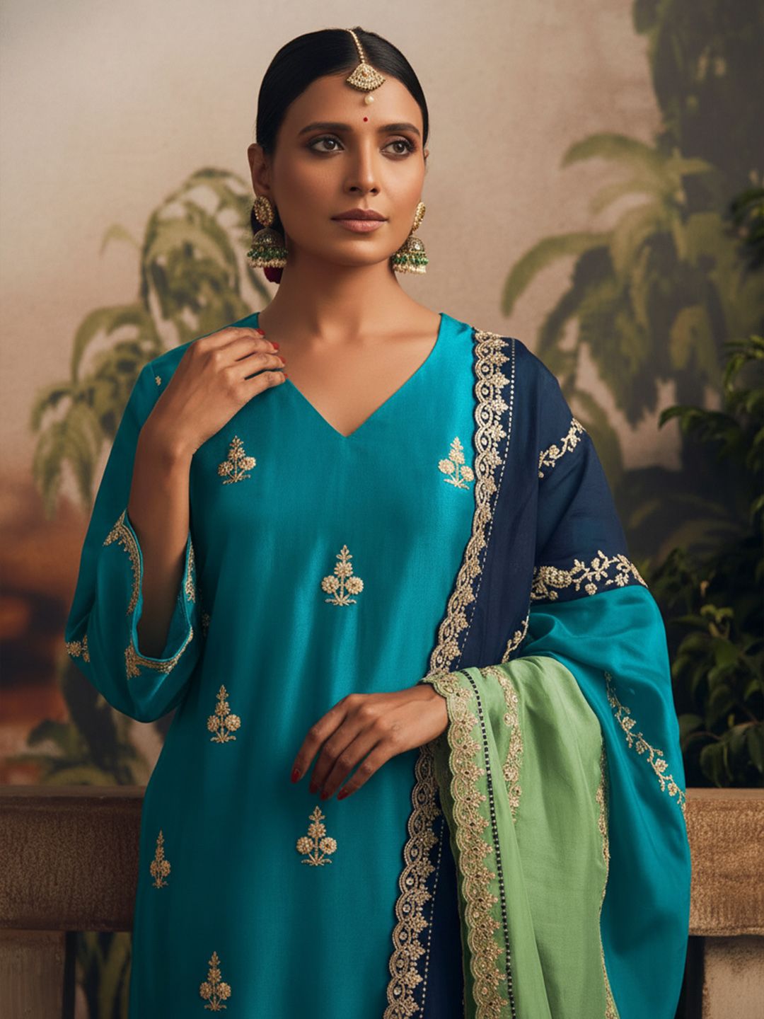 Floral Embroidered V-Neck Thread Work Straight Kurta With Churidar & Dupatta