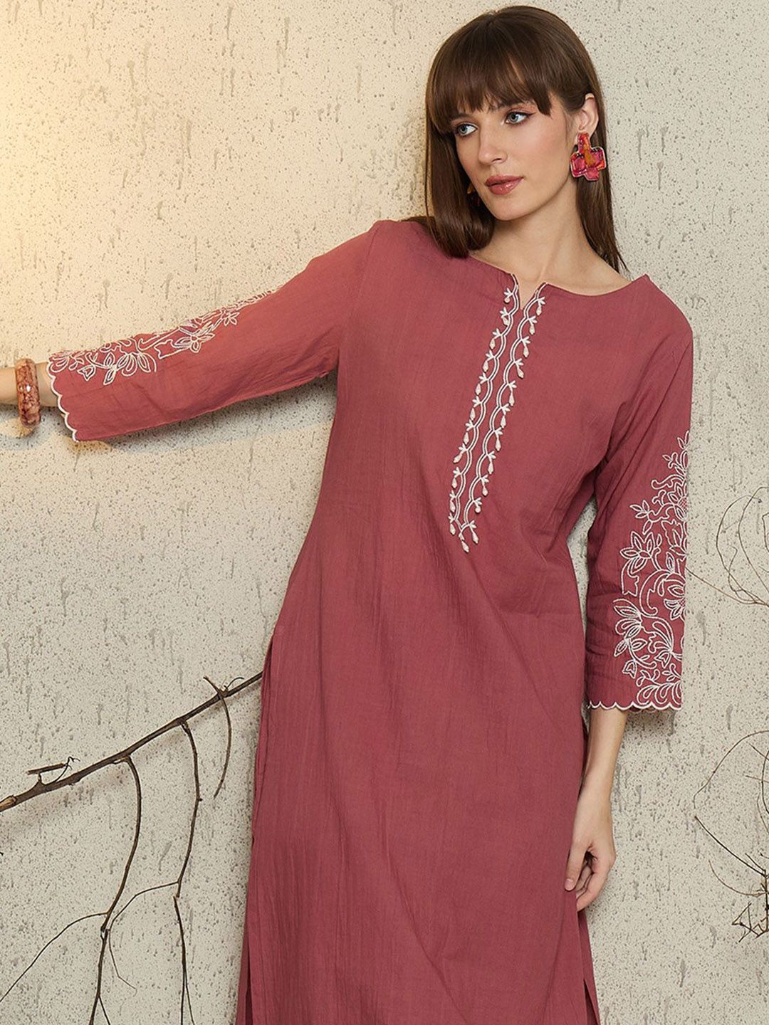 Dhiyona IE Women Embroidered Boat Neck Cotton Top and Trousers Co-Ords