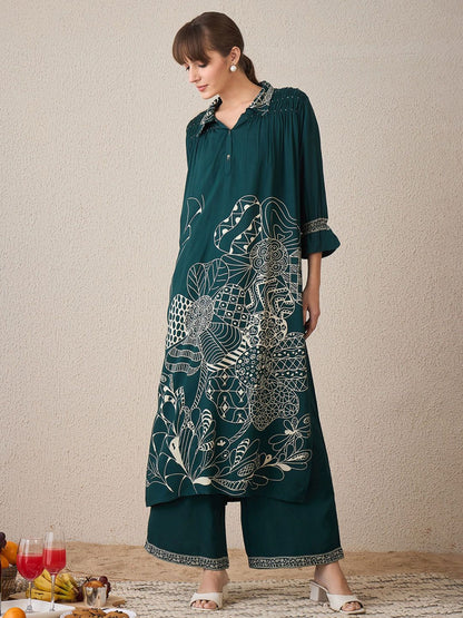 Floral Printed Shirt Collar A-Line Kurta With Trousers