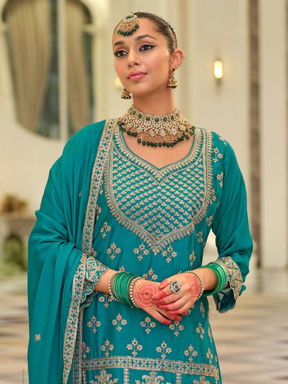 Dhiyona IE Women Ethnic Motifs Embroidered Zari Regular Kurta with Sharara & With Dupatta