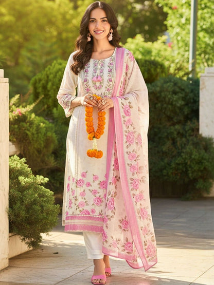 Floral Printed Round Neck Thread Work Linen Kurta With Trousers & Dupatta