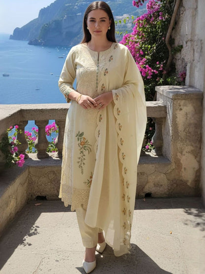 Floral Embroidered Thread Work Pure Cotton Straight Kurta With Trousers & Dupatta