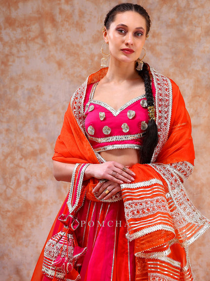 Dil Kash Orange Pink Double Shade Organza  Lehenga With Lace Work