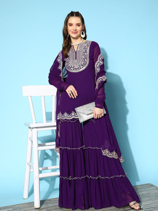 Dhiyona IN Ethnic Motifs Embroidered Thread Work Kurti With Sharara & With Dupatta