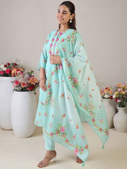 Dhiyona IE Women Floral Embroidered Thread Work Linen Kurta with Trousers & With Dupatta