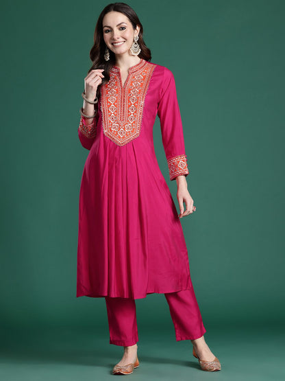 Dhiyona IE Women Ethnic Motifs Embroidered Pleated Mirror Work Kurta with Trousers