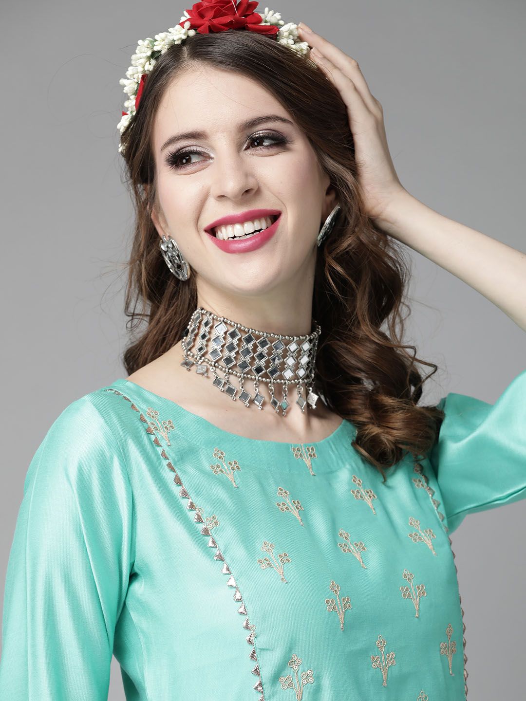Women Sea Green & Golden Embroidered Kurta with Trousers & Dupatta