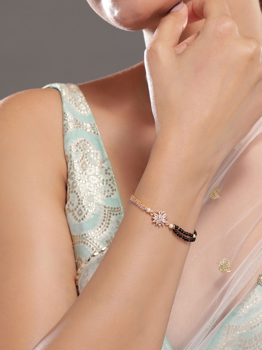 Dhiyona RJ Women's Triple Tone-Plated Mangalsutra Bracelet with Floral Cubic Zirconia Charm