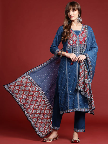 Ethnic Motifs Printed Thread Work Kurta with Trousers & Dupatta