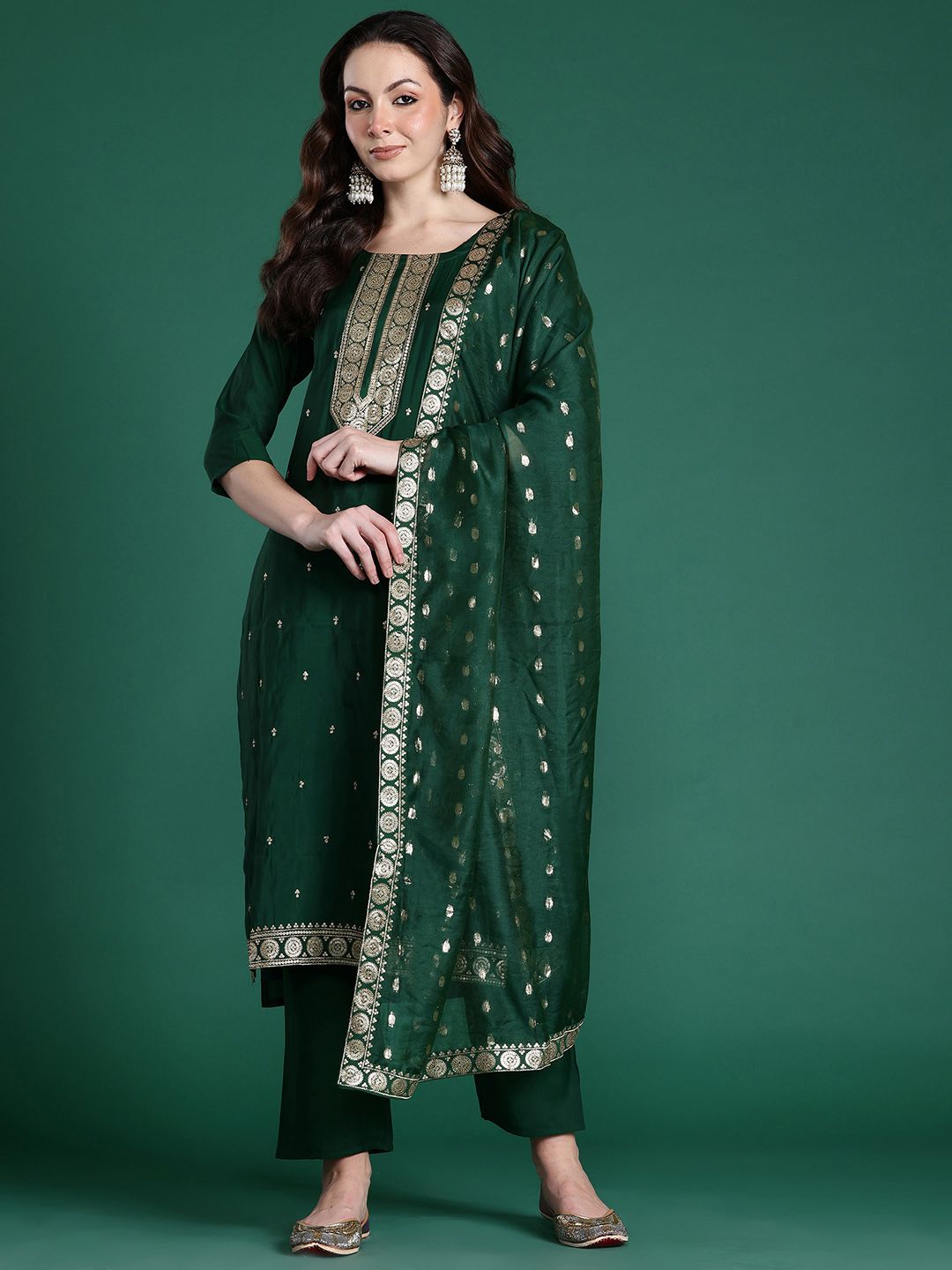 Ethnic Motifs Embroidered Regular Kurta with Trousers & Dupatta
