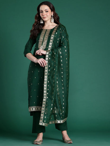 Ethnic Motifs Embroidered Regular Kurta with Trousers & Dupatta