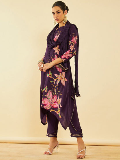 Dhiyona SO Women's Floral Printed Tie-Up Neck Three-Quarter Sleeves Mukaish Kurta Set