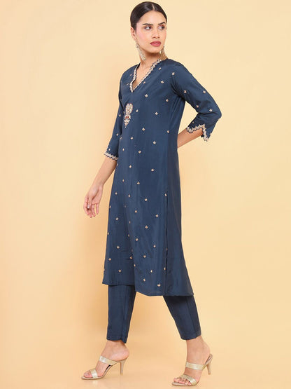 Dhiyona SO Women's Women Navy Blue Floral Embroidered Thread Work Pure Silk Kurta with Trousers