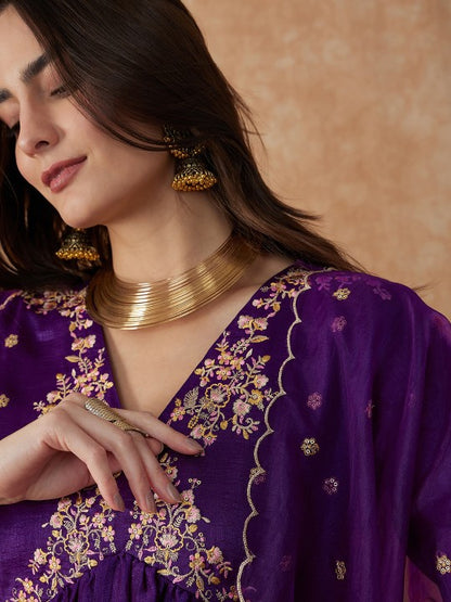 Women's Ethnic Motifs Embroidered Anarkali Kurta With Palazzo & Dupatta Set