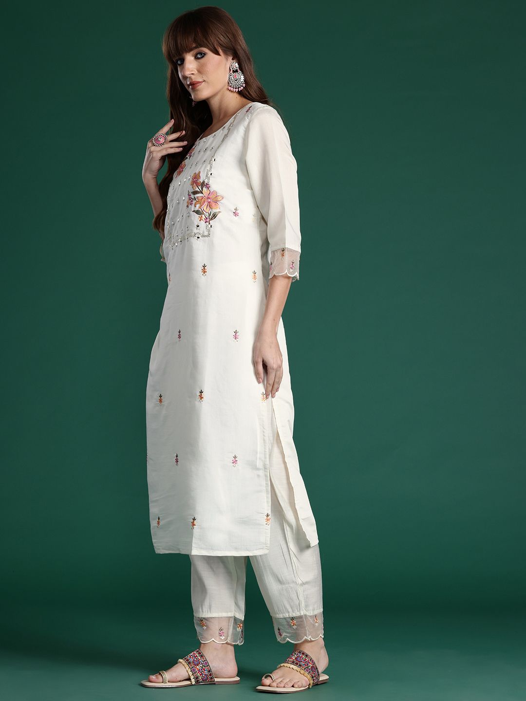 Floral Embroidered Mirror Work Chanderi Silk Kurta With Trousers & Dupatta