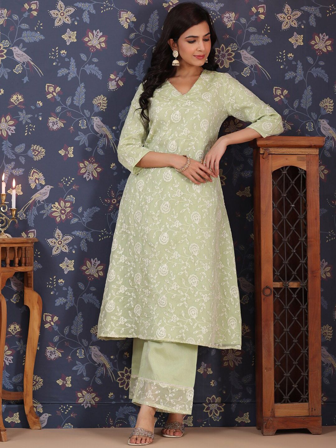 Dhiyona PD Women Ethnic Floral Embroidered Sequined A-Line Kurta With Palazzos