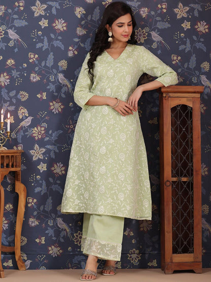 Dhiyona PD Women Ethnic Floral Embroidered Sequined A-Line Kurta With Palazzos