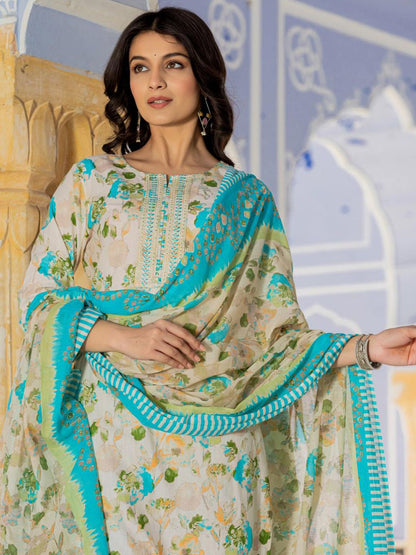 Dhiyona VA Women'sFloral Printed Regular Beads and Stones Kurta with Trouser & Dupatta