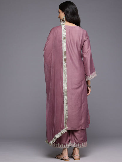 Dhiyona VA Women'sFloral Yoke Design Flared Sleeve Thread Work Straight Kurta With Trouser & Dupatta