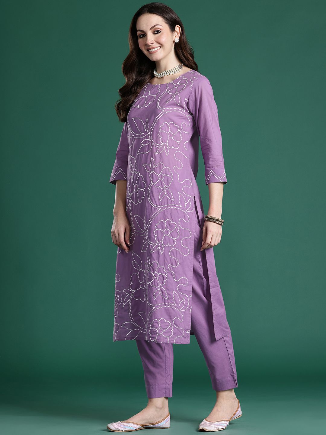 Floral Embroidered Thread Work Pure Cotton Kurta with Trousers