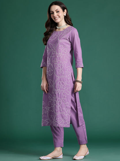 Floral Embroidered Thread Work Pure Cotton Kurta with Trousers