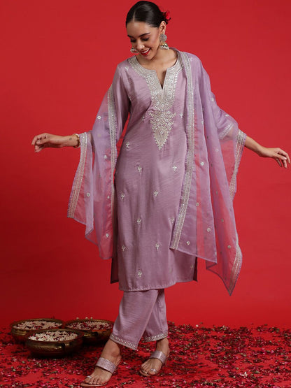 Dhiyona IE Embroidered Sequinned Straight Kurta with Trousers & Dupatta
