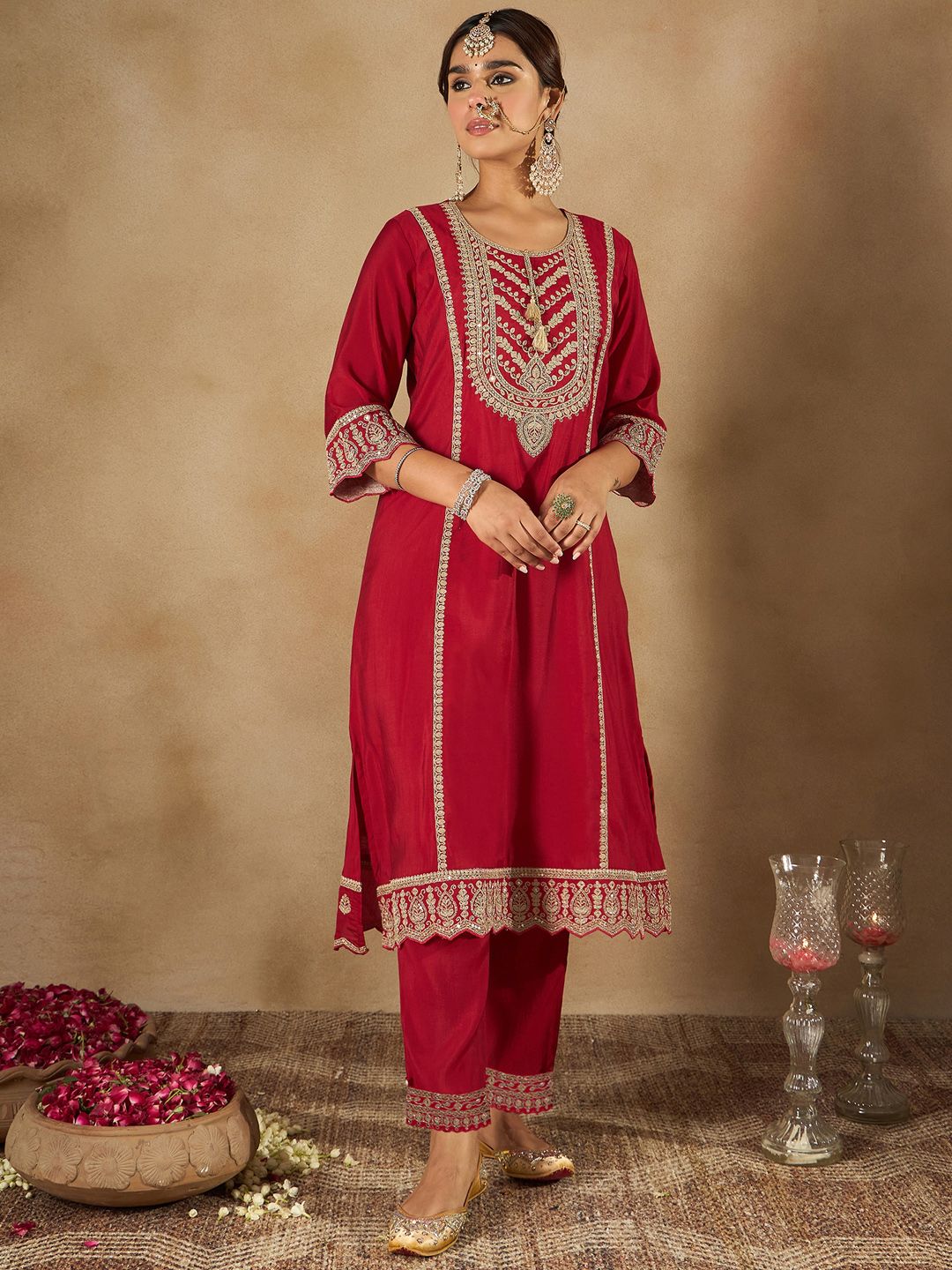 Women Ethnic Motifs Embroidered Panelled Kurta with Trousers & With Dupatta