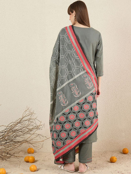 Women Solid Embroidered Cotton Kurta with Trousers & Dupatta