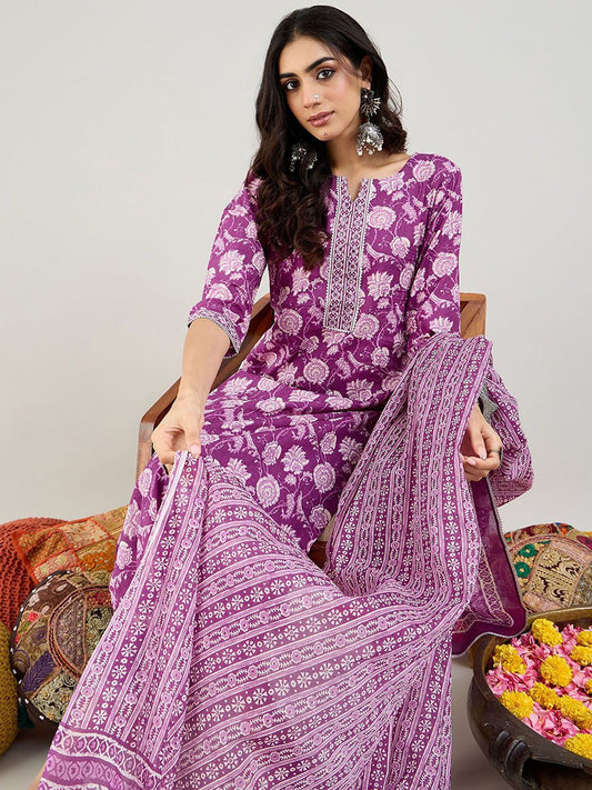 Dhiyona IE Floral Printed Gotta Patti Pure Cotton Straight Kurta with Trouser & Dupatta