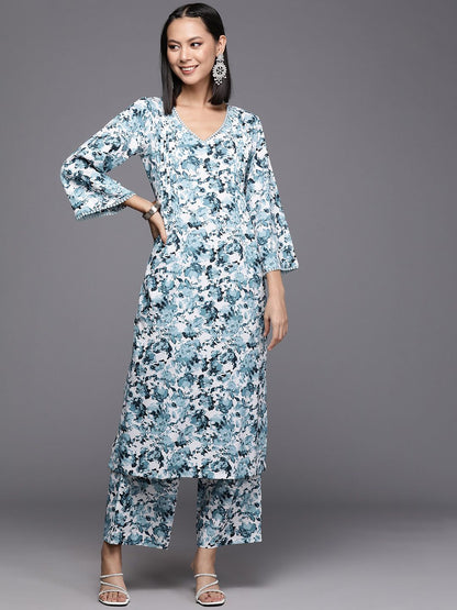 Dhiyona VA Women's Floral Printed Regular Silk Crepe Kurta with Trousers