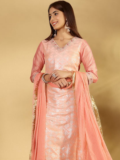 Dhiyona VA Women'sEthnic Motifs Woven Design Regular Zari Kurta With Trousers & Dupatta