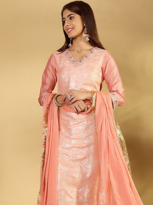 Dhiyona VA Women'sEthnic Motifs Woven Design Regular Zari Kurta With Trousers & Dupatta
