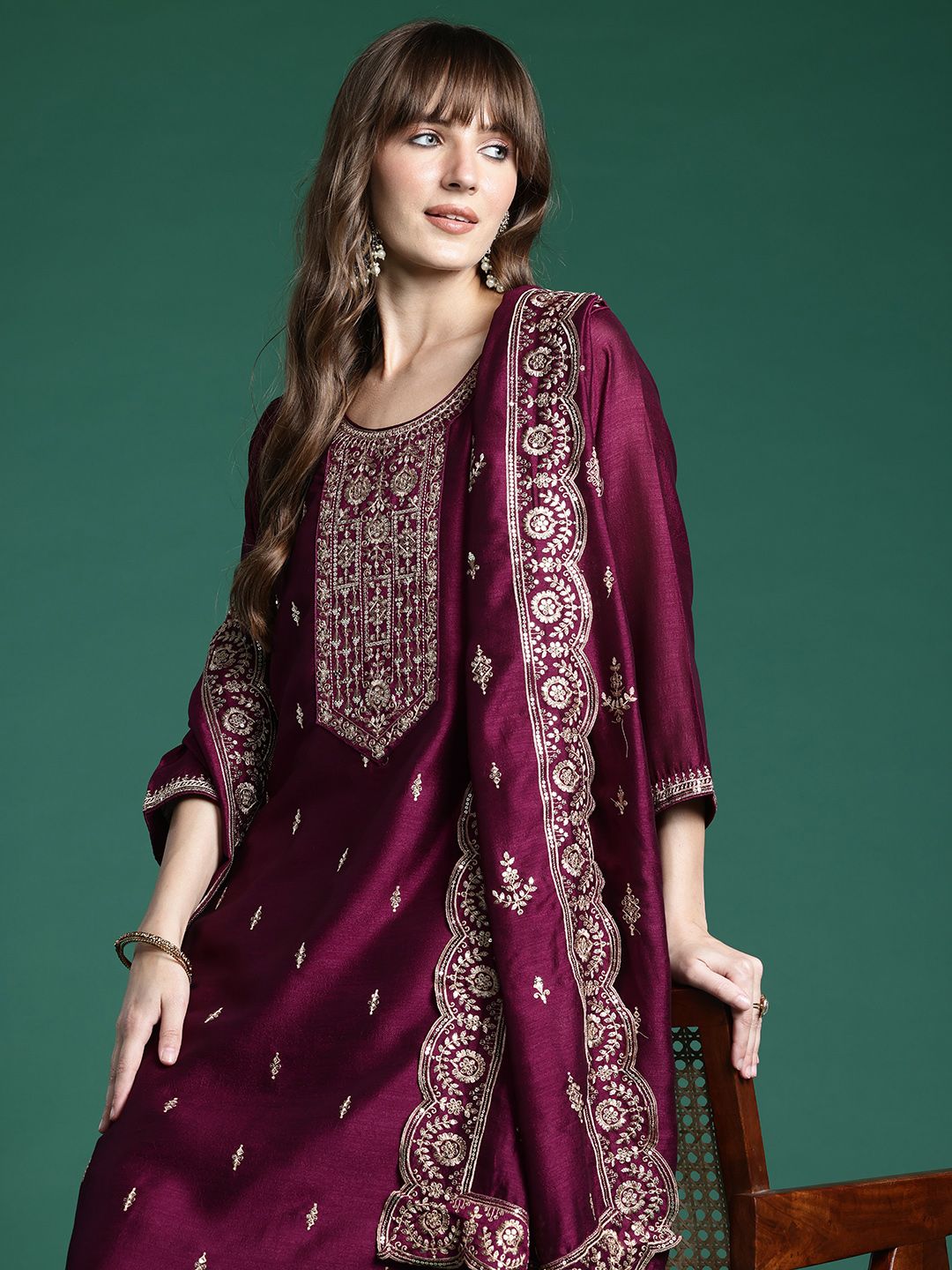 Ethnic Motifs Embroidered Sequinned Kurta with Trousers & With Dupatta