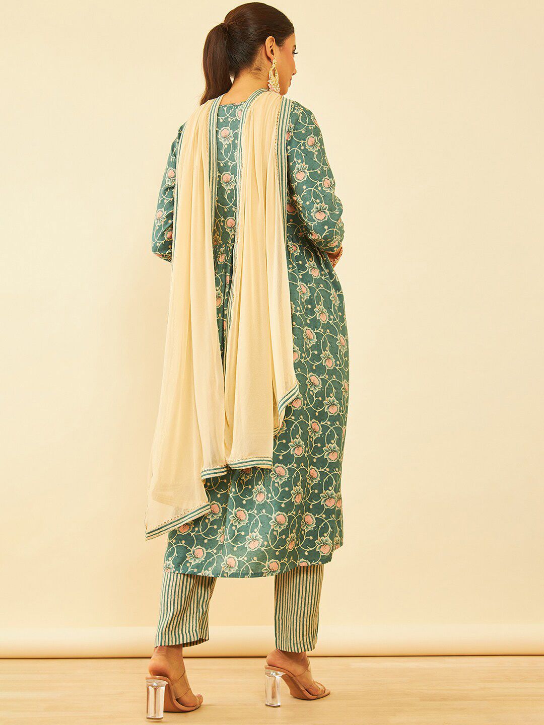 Dhiyona SO Women's Teal Floral Printed Sequinned Anarkali Kurta with Trousers & Dupatta