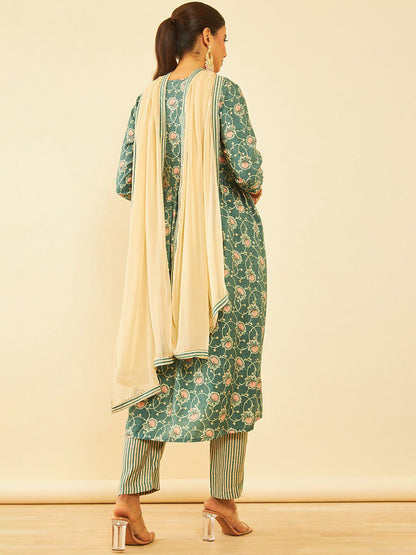 Dhiyona SO Women's Teal Floral Printed Sequinned Anarkali Kurta with Trousers & Dupatta