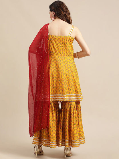 Dhiyona VA Women's Mustard Yellow Ethnic Motifs Empire Gotta Patti Pure Cotton Kurti with Sharara & With Dupatta