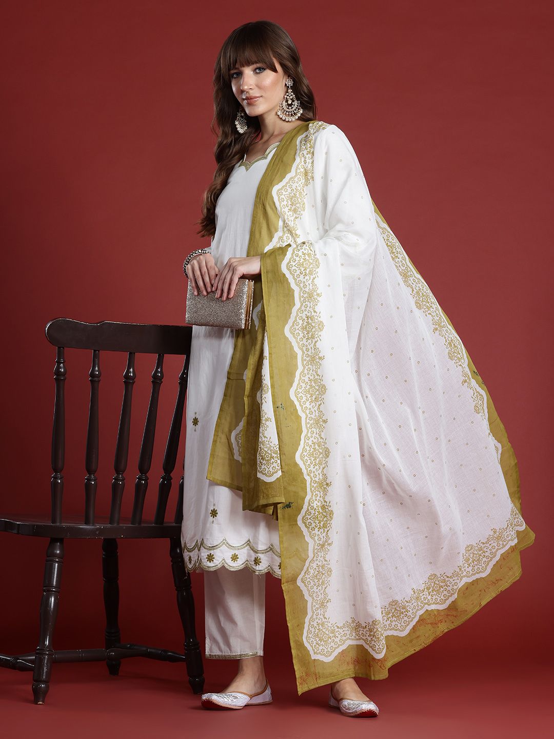 Floral Embroidered Sequinned Pure Cotton Kurta with Trousers & Dupatta