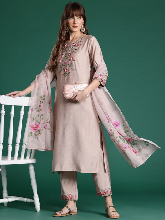 Dhiyona IE Floral Embroidered Thread Work Kurta with Trousers & With Dupatta