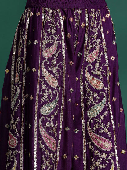 Paisley Embroidered Sequinned Kurta with Palazzos & With Dupatta