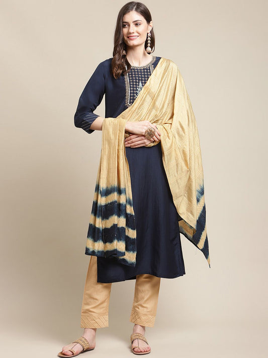Dhiyona VA Women's Navy Blue Floral Embroidered Kurti Set With Dupatta