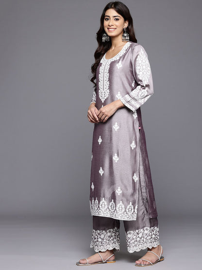 Dhiyona VA Women'sFloral Embroidered Thread Work Kurta With Palazzos & Dupatta