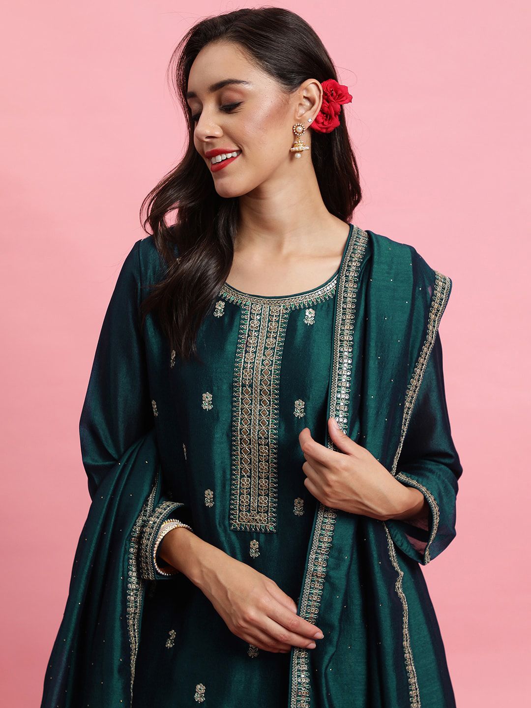 Dhiyona IE Ethnic Motifs Embroidered Sequinned Straight Kurta & Trousers With Dupatta